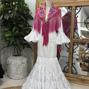 Vestido Flamenca Cordobesa Perforado Blanco T.36,38 y 40